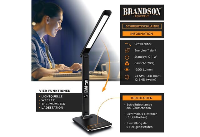 Dimmbare led Schreibtischlampe in Lederoptik Temperatur-, Alarm- & Kalenderfunktion - Brandson