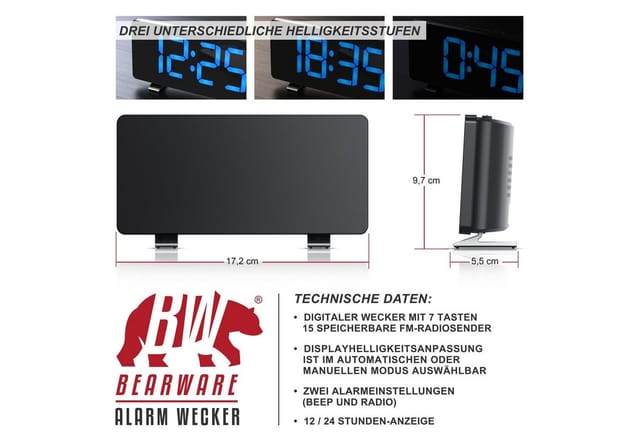 Bearware - Radiowecker, Digitaler Radio Wecker mit Autodimmer, Snooze, 15 fm Radiospeicher