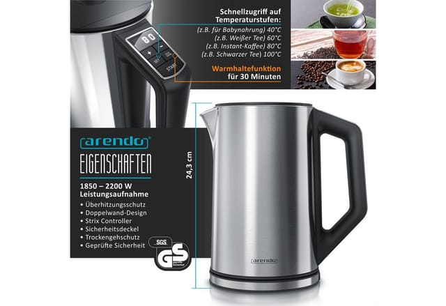 Frühstücksset, Wasserkocher 1,5l, 4-Scheiben Langschlitztoaster, 7er Eierkocher sevencook, Silber - Arendo