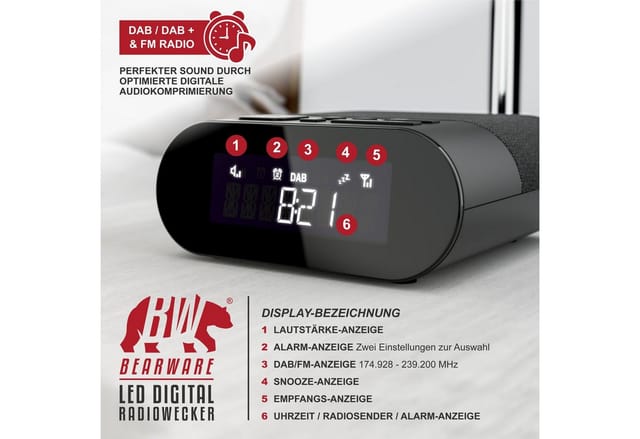 BEARWARE DAB+ Radiowecker - Küchenradio digital - FM und DAB / DAB + Radio mit je 20 Speicherplätzen - 16 Lautstärkestufen - Wecker - große Ziffern