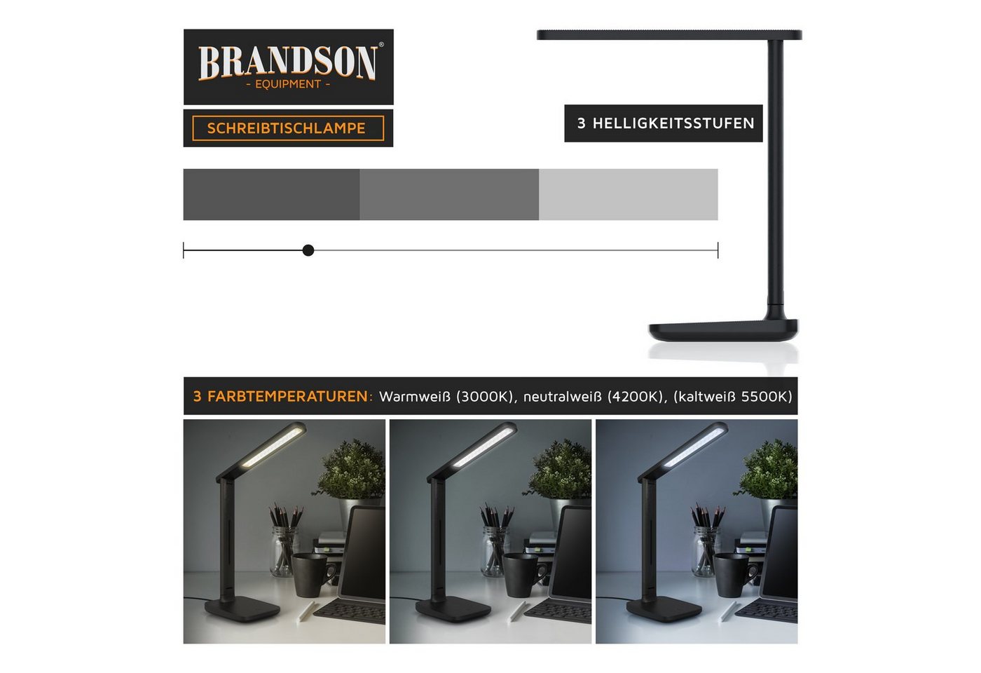 Brandson - led Schreibtischlampe mit 3 Helligkeitsstufen, Leder-Design, 42 LEDs dimmbar, 3 Farbtemperaturen, Sensor Touch, mit Netzteil, Schwarz