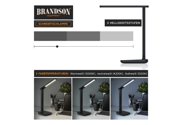 Brandson - led Schreibtischlampe mit 3 Helligkeitsstufen, Leder-Design, 42 LEDs dimmbar, 3 Farbtemperaturen, Sensor Touch, mit Netzteil, Schwarz