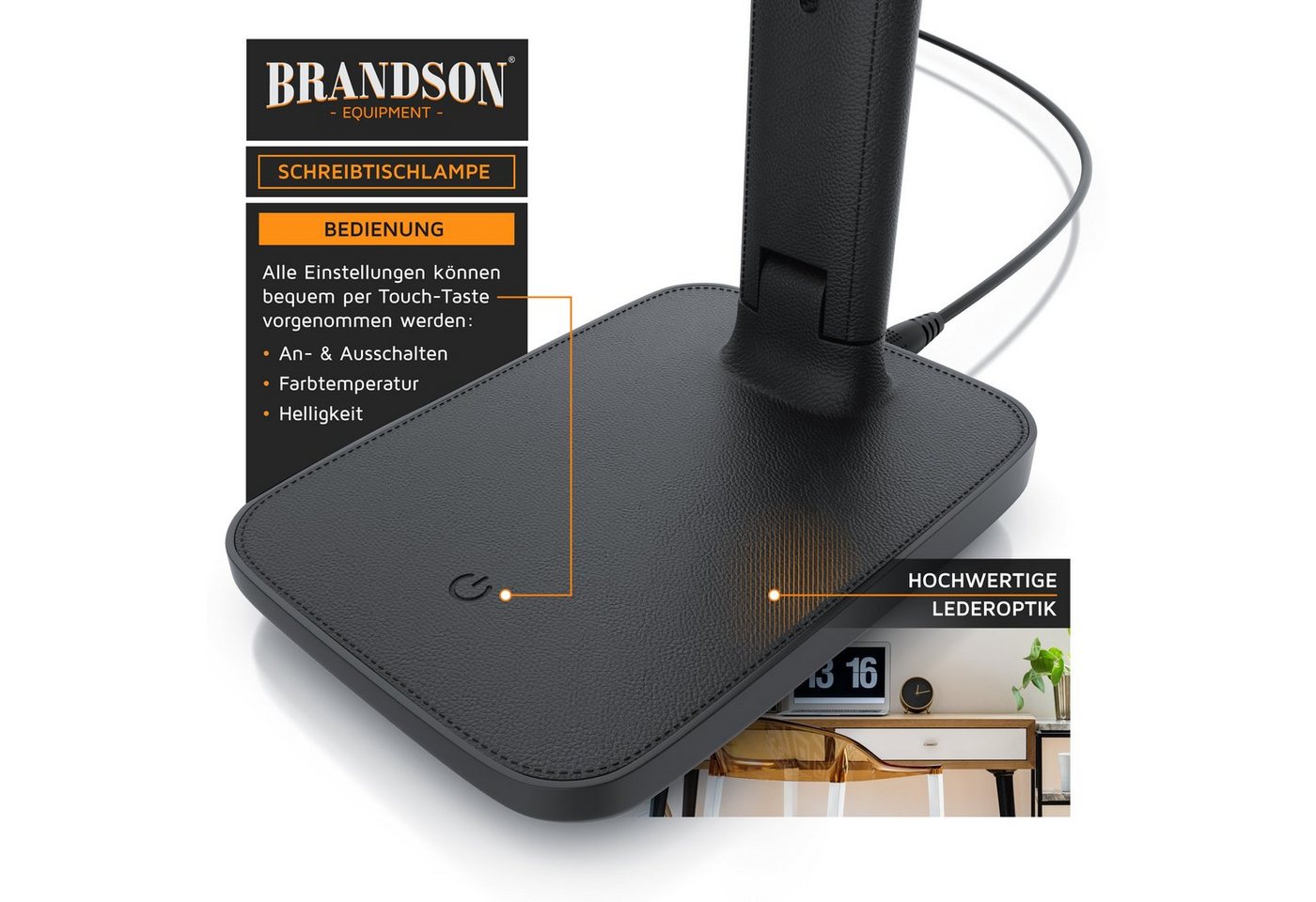 Brandson - led Schreibtischlampe mit 3 Helligkeitsstufen, Leder-Design, 42 LEDs dimmbar, 3 Farbtemperaturen, Sensor Touch, mit Netzteil, Schwarz Bild 2