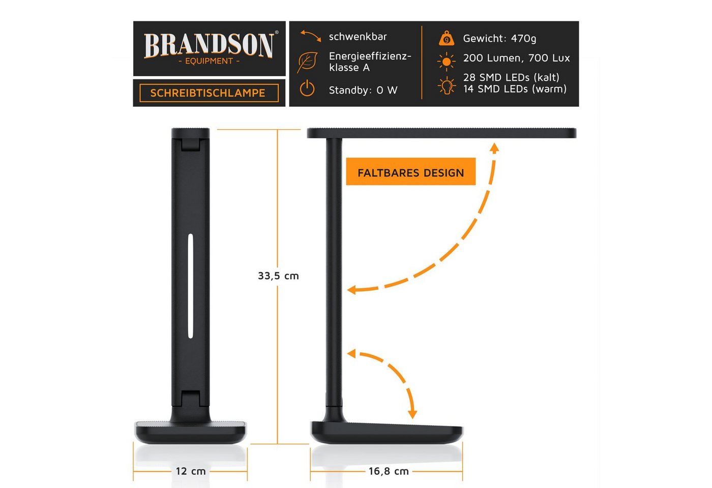 Brandson - led Schreibtischlampe mit 3 Helligkeitsstufen, Leder-Design, 42 LEDs dimmbar, 3 Farbtemperaturen, Sensor Touch, mit Netzteil, Schwarz Bild 3