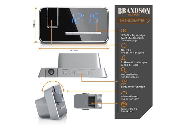 Brandson - Radiowecker, fm Radio Wecker, Projektionsanzeige, 4,7' LED-Display, Auto/OFF-Dimmer