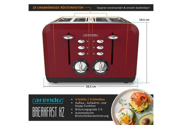 Toaster 4-Schlitz im Edelstahlgehäuse für 4 Scheiben, extrabreite Röstschlitze, leichte Reinigung, Rot - Arendo