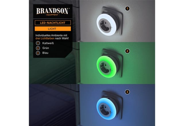 Led Nachtlicht mit Zwischenstecker & auswählbaren Farben Nachtlampe - Weiß/Grün/Blau - Brandson