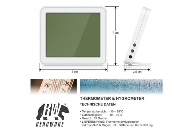 BEARWARE - Thermometer Hygrometer - Temperatur und Luftfeuchtigkeit - Uhrzeit - gut ablesbare LCD-Anzeige - Magnethalter, Aufhängeöse und Standfuß