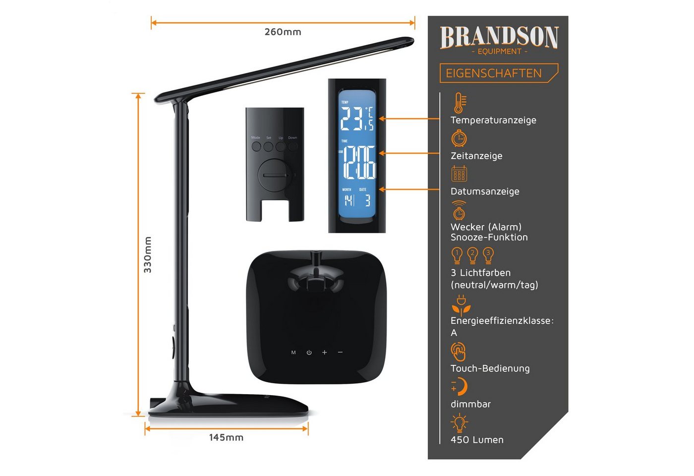 Schreibtischlampe, led, Dimmbar, Farbwechsel, Temperatur-, Alarm- & Kalenderfunktion, Tischlampe - Brandson Bild 4