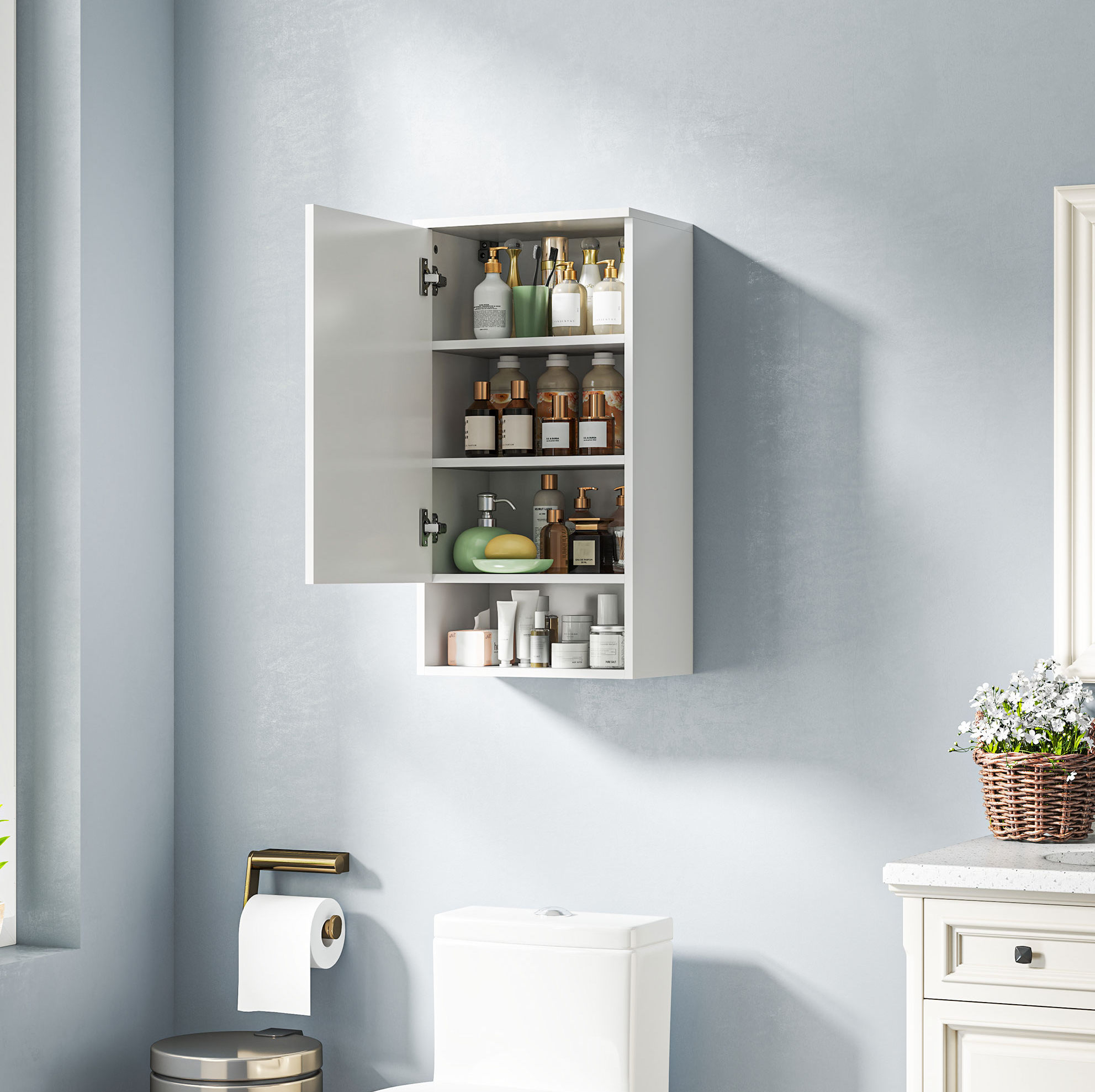 Hängeschrank Holz Weiß 40 Cm, Badezimmerschrank Zur Wandmontage Mit Türen, Offenem Fach Und Verstellbaren Ablagen