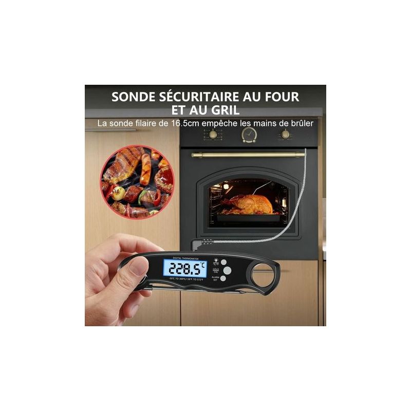 Küchenthermometer – 102 Cm Lange, Klappbare Sonde – Beleuchtetes Lcd-display – Integrierter Magnet – Messzeit: 4–6 Sekunden – Edelstahl 304 – Geeignet Für Fleisch, Grillgut, Steaks, Öl, Milch Und Wein