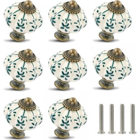 Un Ensemble De 8 Boutons En Céramique Ivoire Et Verte - Boutons De Meuble En Forme De Citrouille, Boutons De Coiffeuse Vintage - Boutons De Tiroir Vintage Avec Vis, Adaptés Aux Armoires Et Aux Tiroirs