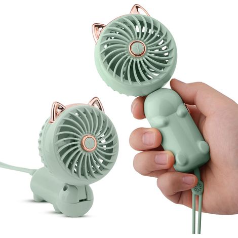Ventilateur Portable, Rechargeable, Mignon Et Compact, Parfait Pour Les Filles, Pliable, Un Indispensable Pour Les Voyages De Vacances D'Été, Vert.
