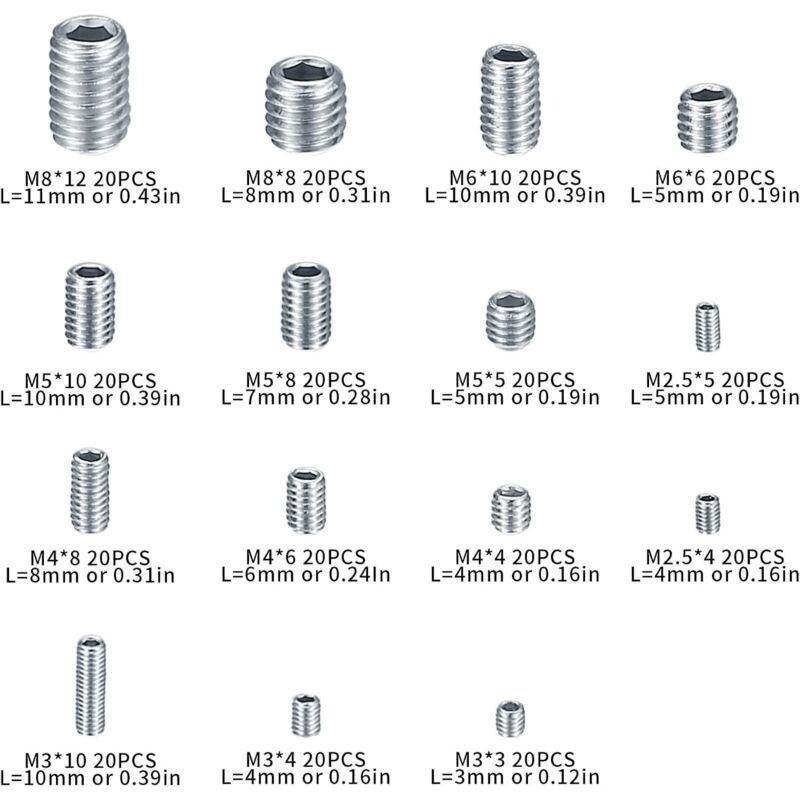 300-teiliges Set Mit M2,5/m3/m4/m5/m6/m8 Sechskantschrauben Ohne Kopf – Korrosionsbeständiger Legierter Stahl – Mit 5 Inbusschlüsseln – Für Türgriffe
