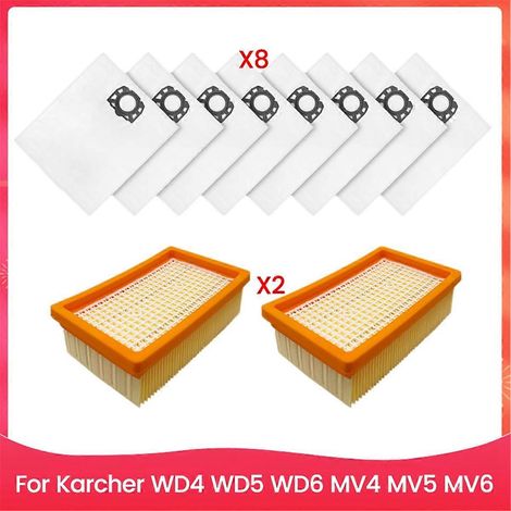 10 Filtres De Rechange Et Accessoires De Sac D'Aspirateur Pour Les Aspirateurs Kärcher Wd4 Wd5 Wd6 Mv4 Mv5 Mv6, Comme Indiqué Sur La Photo.