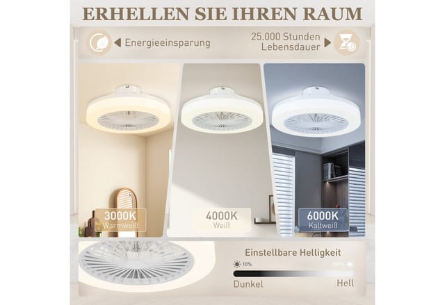HOMCOM Deckenventilator mit Beleuchtung und Fernbedienung, Ø46 cm, 40 W Dimmbare LED Deckenleuchte mit Ventilator, 6 Geschwindigkeiten, Timer,