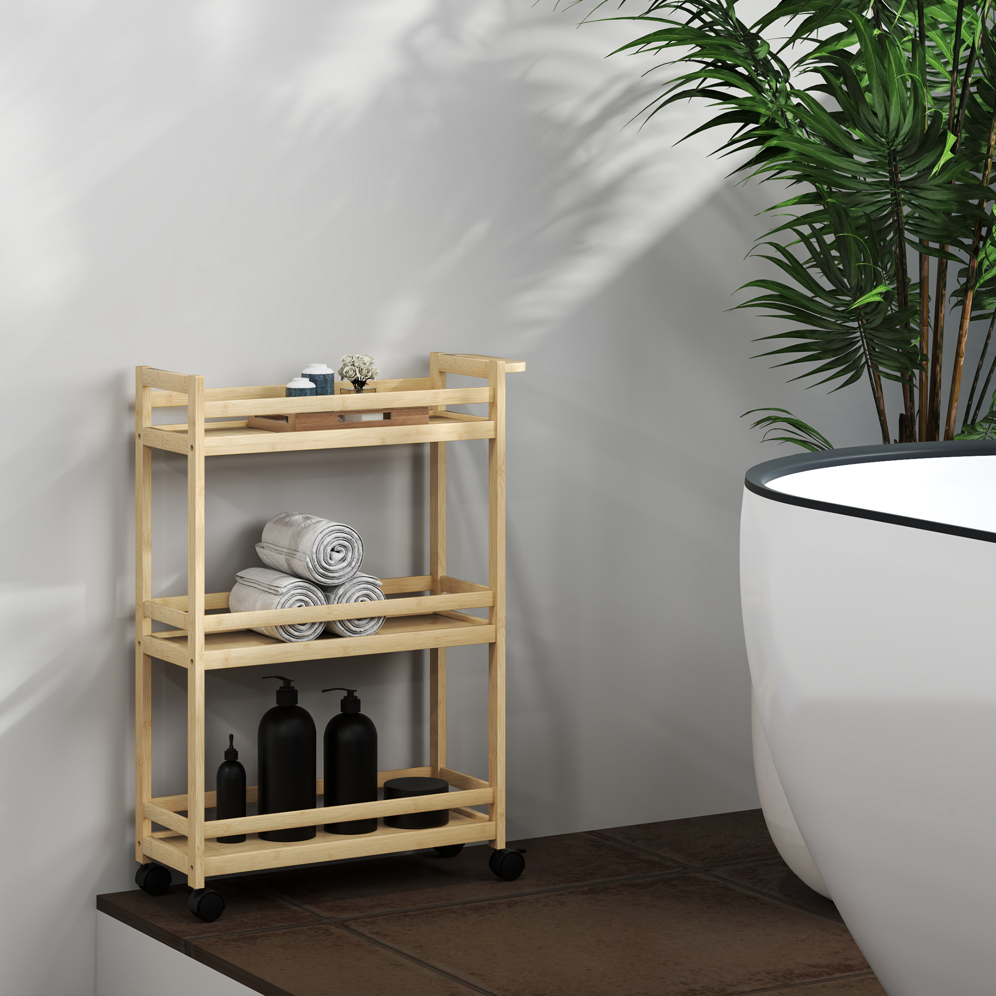 3-stöckiger Badezimmerwagen Aus Bambus, 55 X 20 X 75 Cm, Holzfarbe