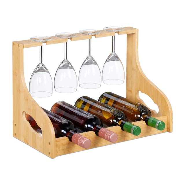 Relaxdays - Weinregal mit Glashalter, 4 Flaschen & Gläser, Bambus, HxBxT: 30 x 44,5 x 23,5 cm, Weinhalter stehend, natur