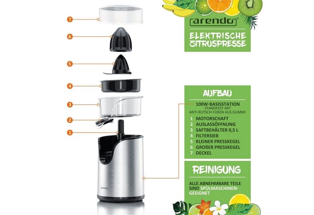 Arendo - Zitruspresse, Zitronenpresse elektrisch, Siebeinsatz, Zitronen Presse, silber/schwarz