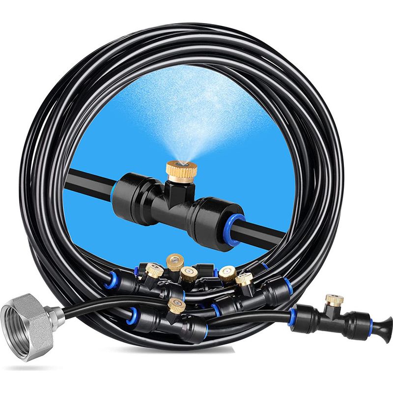 Brumisateur Exterieur, 9m Brumisateur Terrasse Avec 11 Buse Brumisateur+1adaptateur (en Laiton, 3/4") Brumisateur Pour Patio Jardin Serre Trampoline Pour Parc Aquatique