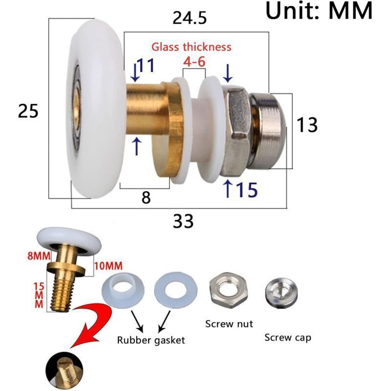 25-mm-duschtürrolle – Nylon- Und Kupferrollen – Für 4 Bis 6 Mm Starke Glastüren – Einfache Montage Auf Der Gleitschiene