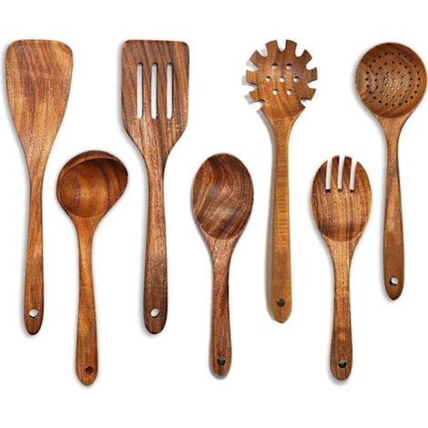 Ensemble D'Ustensiles De Cuisine 7 Pièces : Couverts En Bois, Poêle Antiadhésive, Spatule En Bois, Louche En Bois Massif À Long Manche.