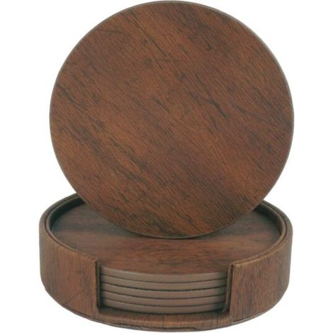 Lot De 6 Sous-verres Double Face, Couleur Bois De Noyer, Matériau Pu, Avec Support, Marron [k]