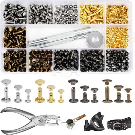 Rivets En Cuir, 180 Pièces, 3 Tailles, Rivets Doubles, Rivets Tubulaires En Métal, Avec Outil De Fixation En 3 Parties Et Pince À Trous.