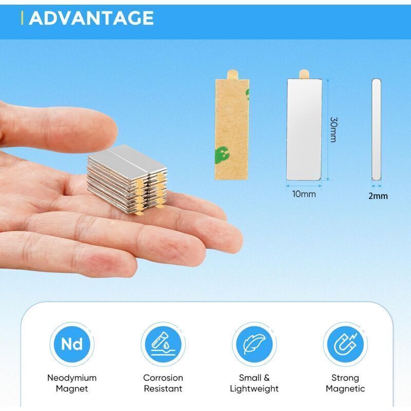 Packung Mit 20 Selbstklebenden Neodym-magneten, 30 X 10 X 2 Mm – Dreifach Korrosionsbeständige Beschichtung – Für Glatte Oberflächen Und Starke Haftung – Basteln Und Büro