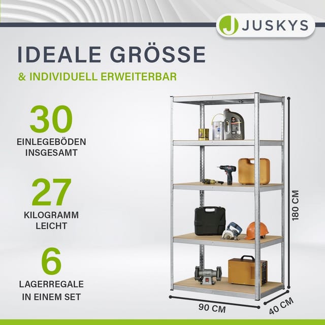 Lagerregal Basic 6er Set 180x90x40 cm – 6 Schwerlastregale mit 30 Böden – max. 5250 kg - Metall verzinkt - Regale Kellerregal Metallregal - Juskys