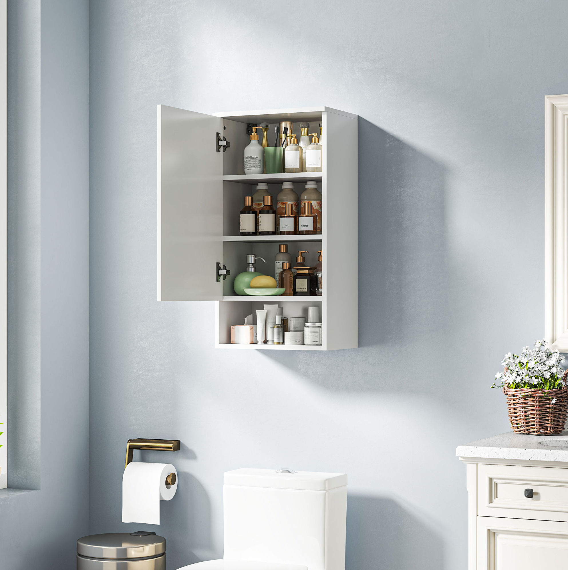 Badmöbel Hängeschrank Modern Weiß Aus Holz Mit Tür, Verstellbaren Einlegeböden Und Offenem Fach 40 X 27 X 77 Cm