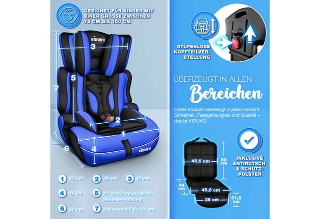 Autokindersitz Kinderautositz Autositz Kindersitz 9-36kg Gruppe 1+2+3 Schwarz/Blau - Kiduku