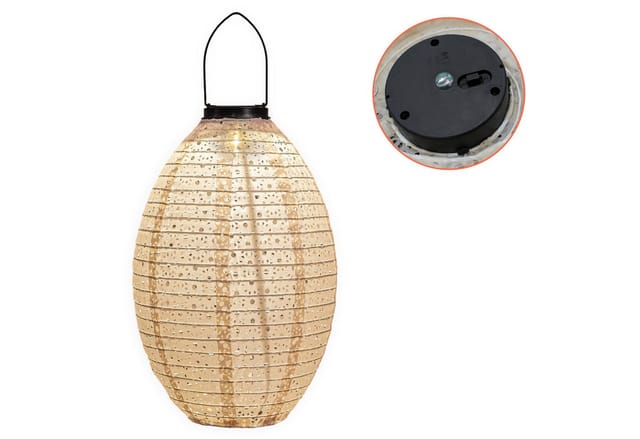 LED Solar Textil Lampion oval sand - 32 cm - Garten Deko Beleuchtung warm weiß