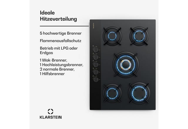 Klarstein Goldflame Nano Gaskochfeld, 70 cm, 5 Messingbrenner, 10,4 kW, Wok-Brenner, Nanobeschichtetes Glas, Flammenausfallschutz, Automatische