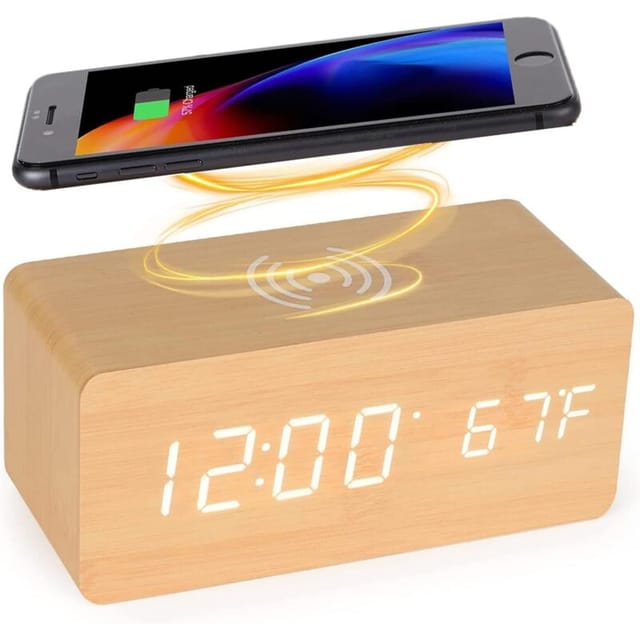 Digitaler Wecker Aus Holz Mit Kabelloser Ladestation, 5-w-schnellladegerät Für Iphone/samsung Galaxy, Wecker Mit Sprachsteuerung Und Ohne Ticken, Für Schlafzimmer, Zuhause Und Büro (bambus)