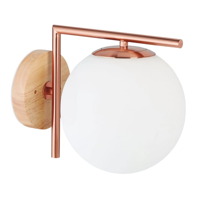 Wandleuchte, E27-Fassung, Glas, Metall und Holz, Wandlampe, Kugel, h x b x t: 22 x 19,5 x 28 cm, kupferfarben - Relaxdays