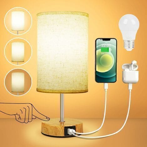 Mascot Touch Nachttischlampe Mit Usb-a + Typ-c-ladeanschlüssen, 3-fach Dimmbar, Lampenschirm Aus Leinenstoff, Holzsockel, Kleine Tischlampe Für Schlafzimmer, Wohnzimmer (glühbirne Im Lieferumfang Enth