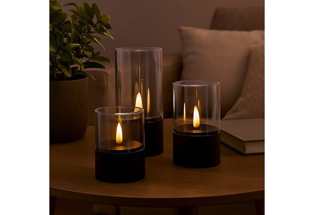 Bougie LED-Kerzen 3er-Set - schwarz/geräuchertes Glas, warmweiß flackernd, 10 cm,12,5 cm,15 cm, batteriebetrieben, Dekoration für drinnen & draußen