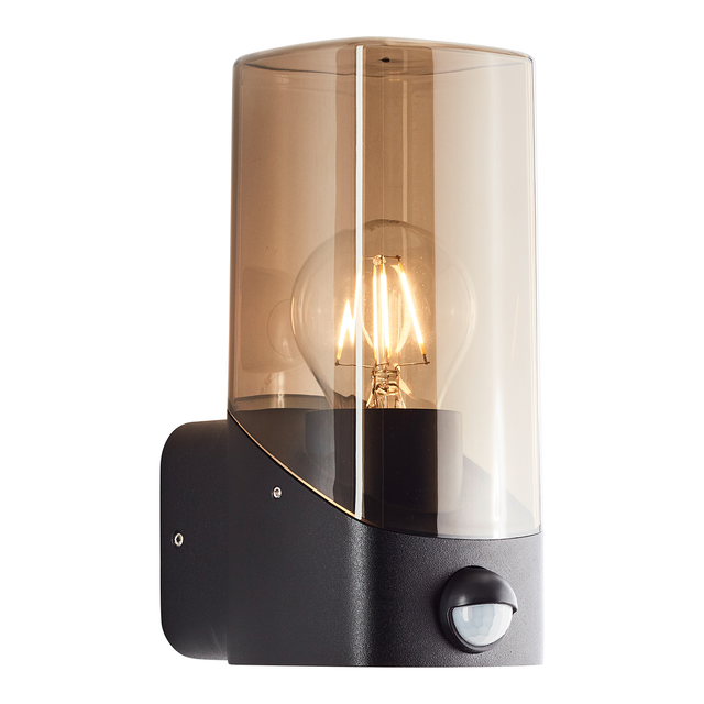 Brilliant Minou Außenwandleuchte mit Bewegungsmelder - Wandleuchte außen schwarz/Rauchglas E27 - Standard & LED Leuchtmittel geeignet - Außenleuchte
