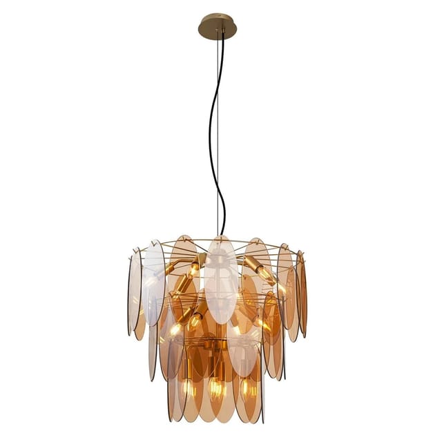 Art-Déco-Hängelampe Gold mit bernsteinfarbenem Glas Oval 14-Lichter - Mochan