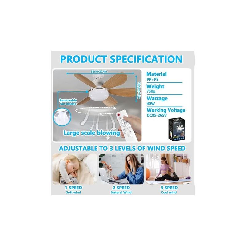 Leiser 40-w-deckenventilator – 3 Geschwindigkeitsstufen – E27-fassung – 52 Cm – Led-beleuchtung – Für Wohnzimmer, Schlafzimmer, Küche