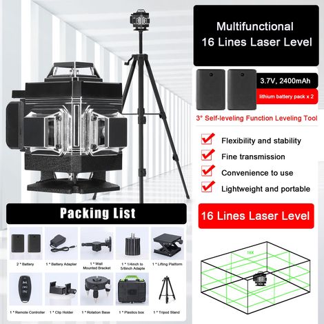 Laser-nivelliergerät Mit Stativ, 4 X 360°, 4d 16 Linien, Baulaser Mit 2 X 3000mah Akkus Und Led-anzeige, 360°-selbstnivellierungslaser, Fernbedienung, Ip54 Wasser- Und Staubdicht