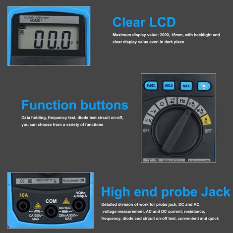Adm01 Dmm Digitalmultimeter Mit Hand-lcd-bildschirm, Automatischer Bereichswahl, Ac/dc-spannungsmessung, Temperaturmessung, Doppeltem Isolationsschutz, Strom-, Widerstands-, Durchgangs-, Frequenz- Und
