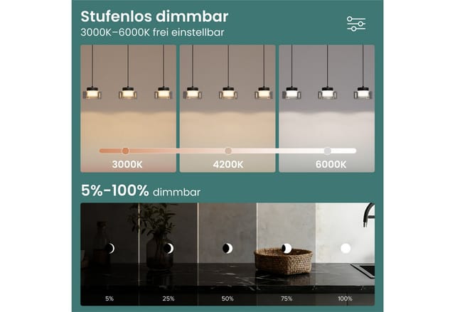 Mai & Mai Pendelleuchte 70cm LED Hängelampe 3 Flammig 3000K/4000K/6000K Verstellbares Kabel Schwarz Hängeleuchte für Esszimmer Wohnzimmer