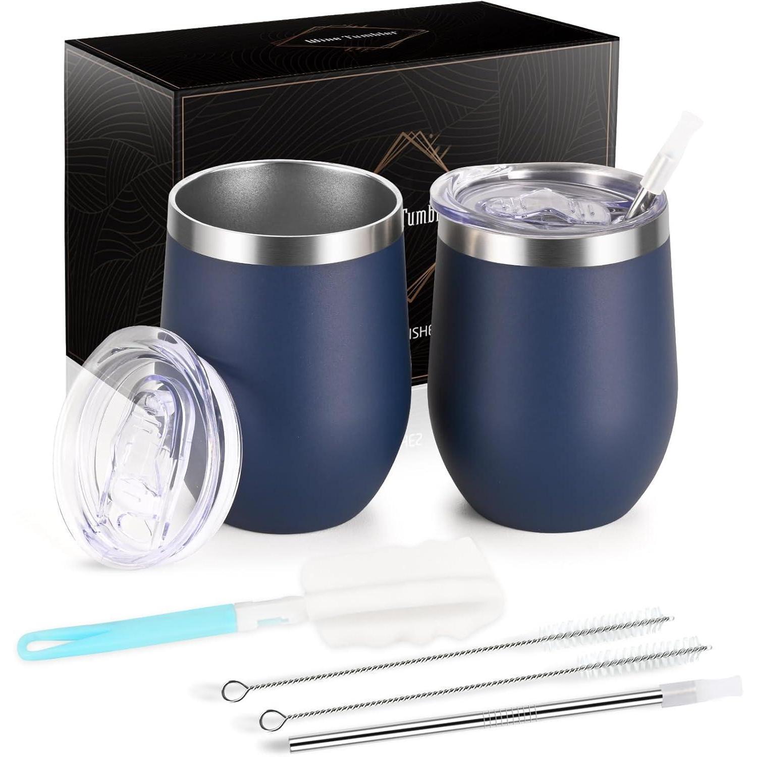 2er Set Edelstahl Weinbecher Mit Deckel, Doppelwandig, 350ml, Dunkelblau