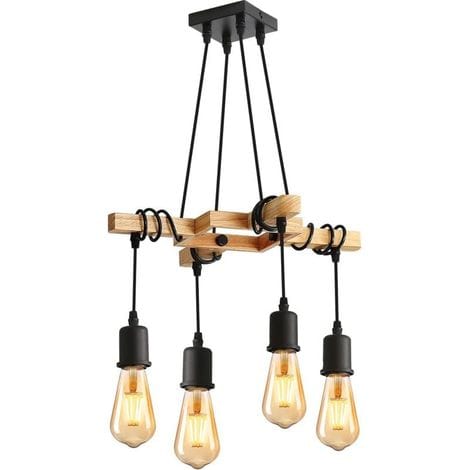 Industrielle Pendelleuchte, Holz-kronleuchter E27, Vintage-deckenleuchte In Schwarz, Höhenverstellbar Für Wohnzimmer, Küche, Schlafzimmer, 4 Leuchtmittel Nicht Enthalten