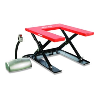 Scheren-Hubtisch elektrisch mit U-Profil, 1000kg Tragkraft, Plattform mit Pulverbeschichtung: 1450x1140mm, Hubtisch Rot mit externem Bedienteil,