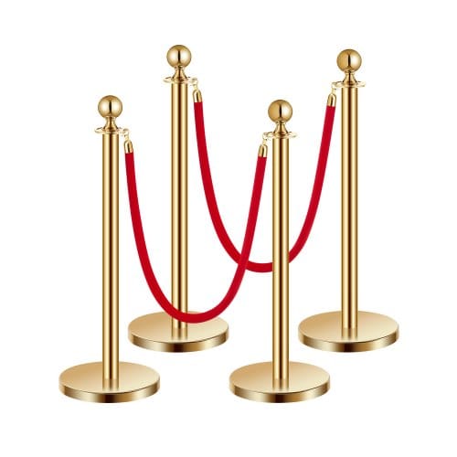 Absperrpfosten Absperrung (4 Stk.) Zur Steuerung Von Menschenmengen Mit 2 Roten Samtseilen (1,5 M Lang), Absperrständer Aus Edelstahl Mit Nachfüllbarem Sockel Für Ausstellungen Golden