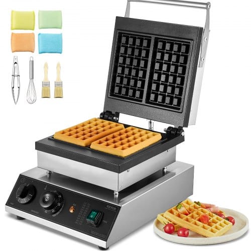 Kommerzielles Waffeleisen Waffelmaschine 2000 W Antihaftbeschichtetes Belgisches Waffeleisen Aus Edelstahl Mit Temperatur- Und Zeitregelung, Für Restaurant Bäckerei Snackbar 2 Stk. Waffeln