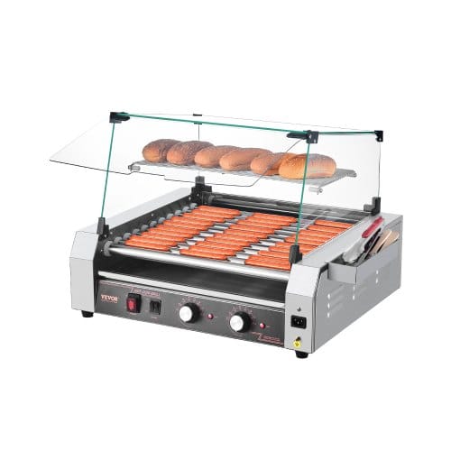 Hot Dog Grill Maschine Hot Dogs 11 Rollen Edelstahl, 2200 W, Elektrogrill Mit Abdeckung & 2 Temperaturregler & Seitlicher Aufbewahrungsbox & Herausnehmbarem Regal & Ölauffangschale